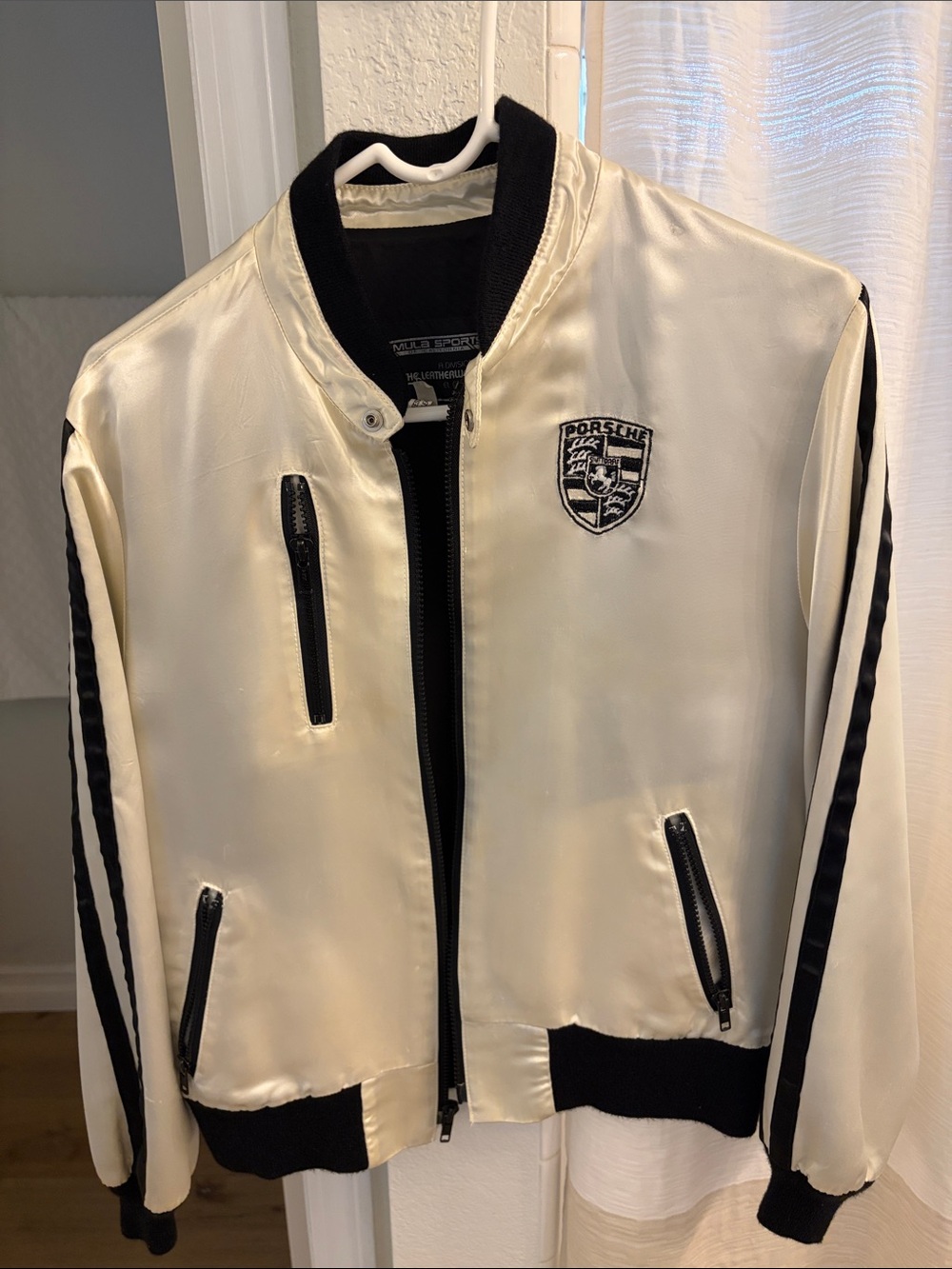 Cream and Black Men's Bomber Jacket
